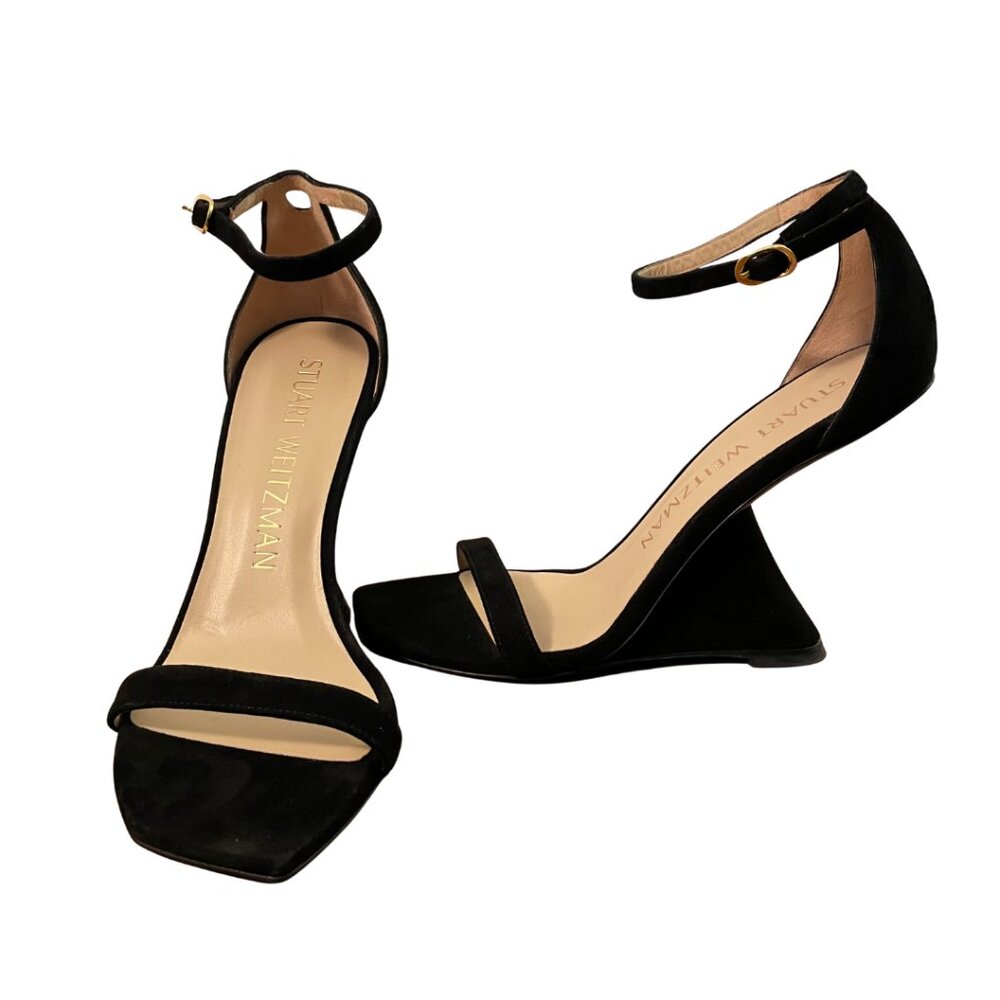 Stuart Weitzman Nudistrebel Sculptural Heel in Black Suede - Size 8